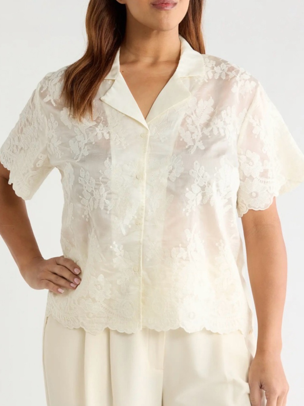 Vince Camuto Cream Sheer Lace Short-Sleeve Button-Front Shirt
